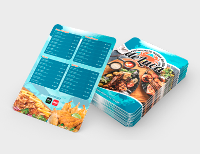 Cardápio em PVC 0,3mm Verniz Total Frente e Verso 21,5x29cm 1 Folha (2 páginas) - 4x4 - 100 unid